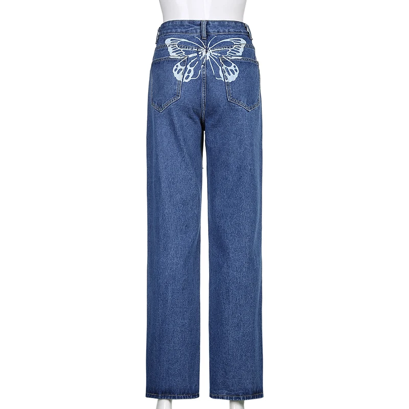 straight leg jeans JMPRS Fashion Butterfly Print Women Jeans High Waist Loose Wide Leg Denim Pants Y2K Mom Boyfriend Capris Straight Trousers 90s zara jeans