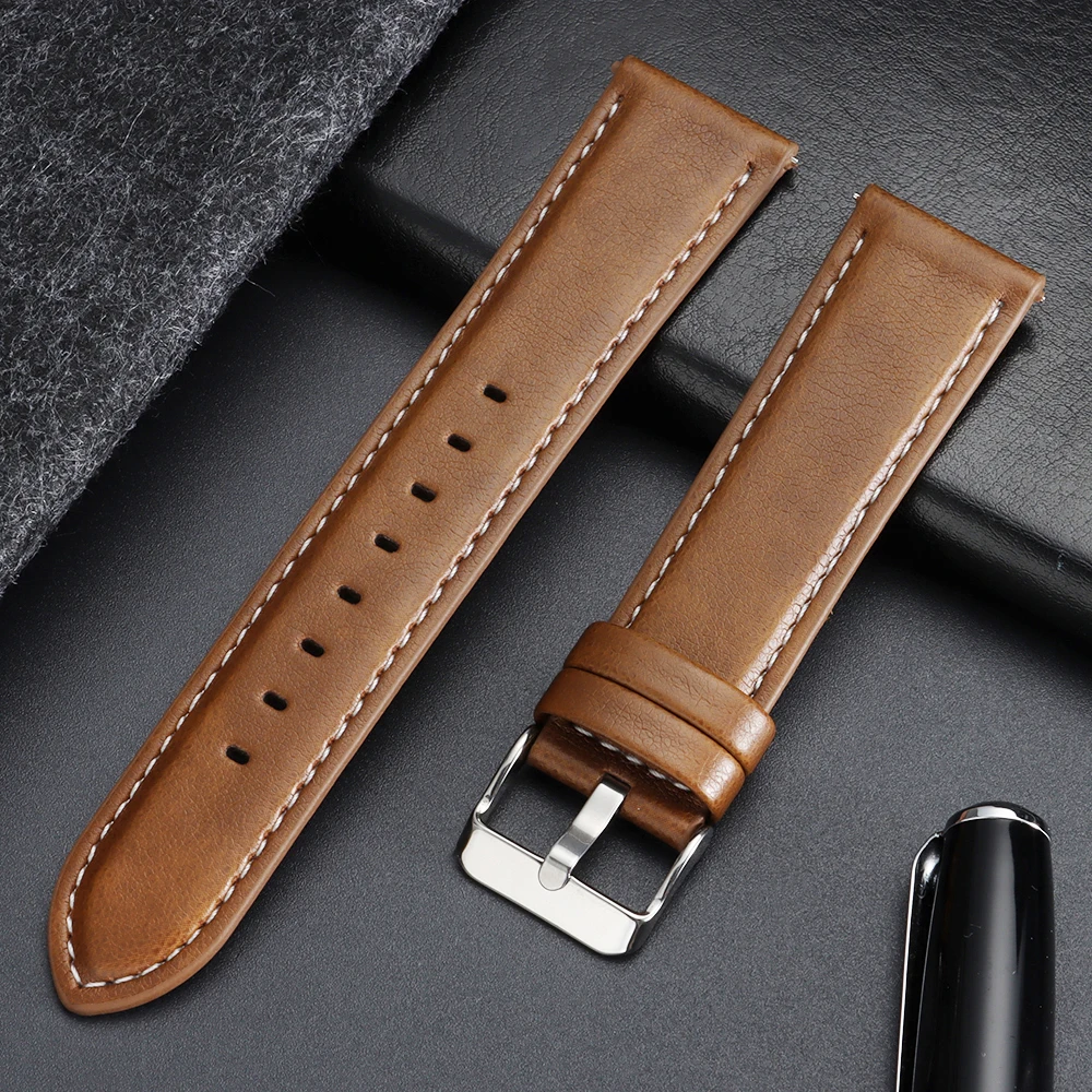 Calfskin Leather Watch Band with Silver Stainless Steel Buckle - Soft Business Wrist Strap