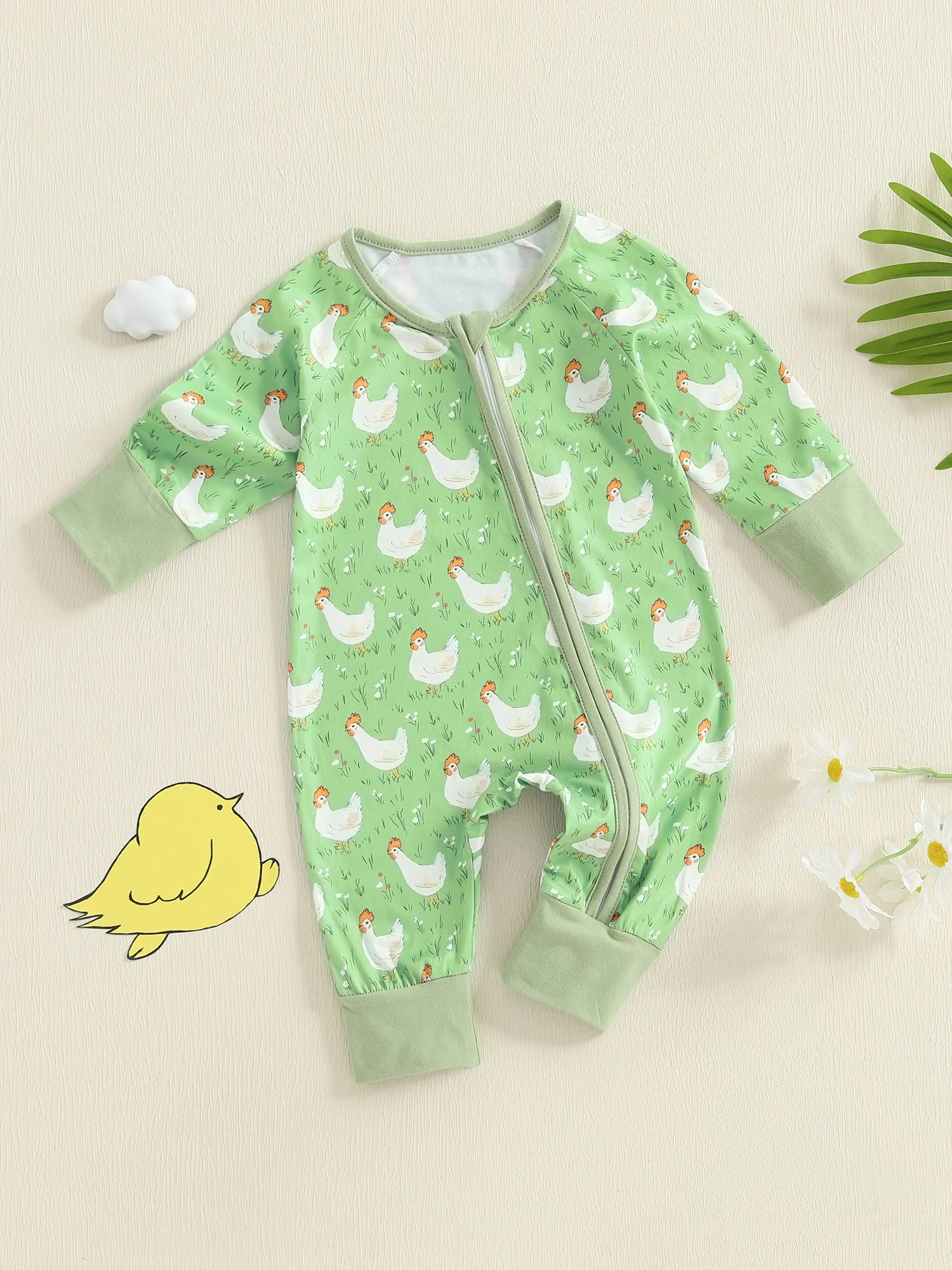 FOCUSNORM 0-18 Monate Kleinkinder Baby Mädchen Jungen Herbst Overalls Huhn Aufdruck Langarm Rundhals Schräger Reißverschluss Strampler mit Stirnband – Detail 5