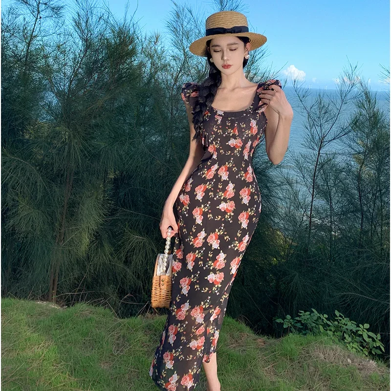 

New Elegant Women Ruffle Backless Dress 2023 Summer Long Chic Slim Floral Black Chiffon Vacation Party Vestido Korean Fairycore