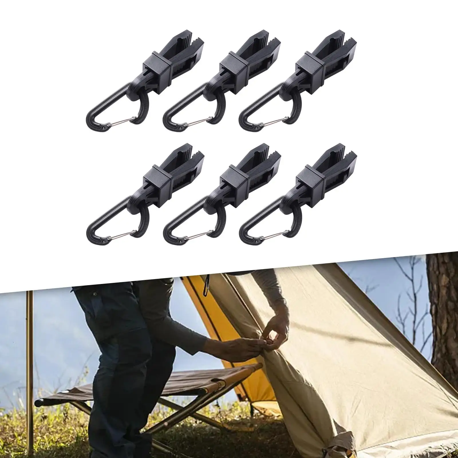 6Pcs Tent Awning Fixing Clamp Grip with Carabiner Hook Windproof Tarp Clamps for Tarps Car Cover Canvas Swimming Pool Covers