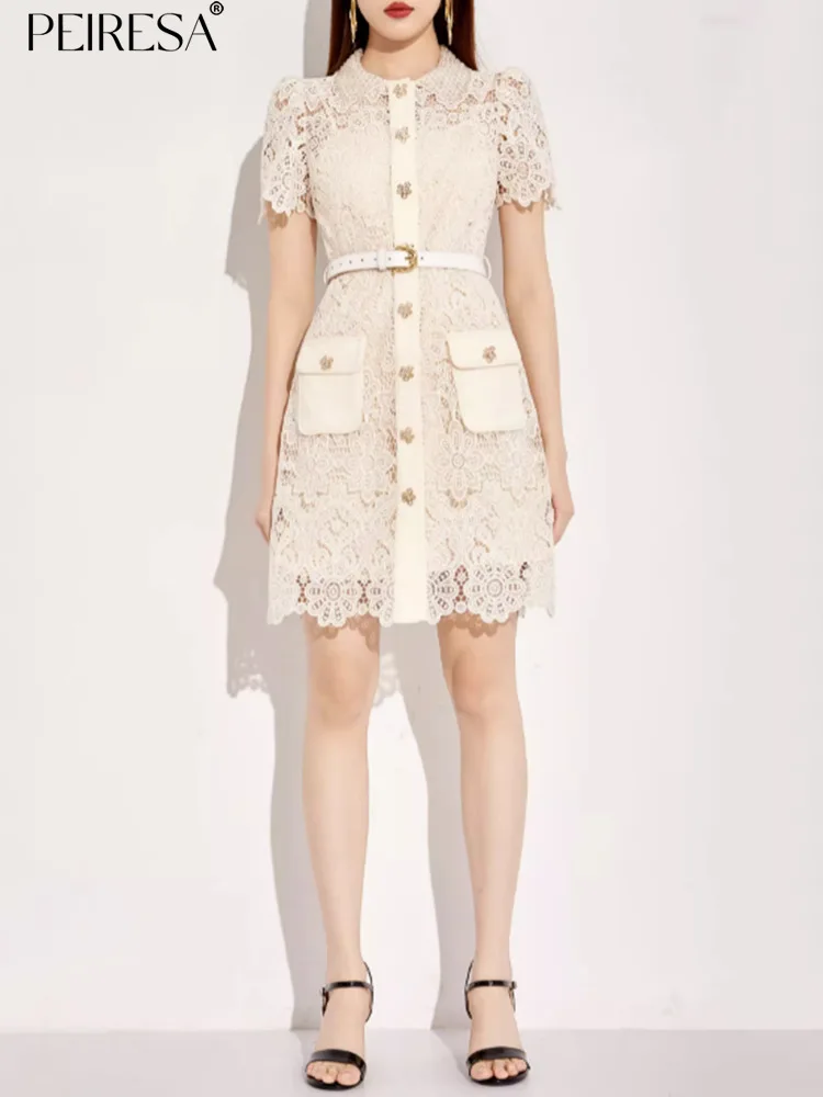

PEIRESA Fashion Designer Hook Flower Hollow Lace Shirt Dress Women 2023 Summer Lapel Puff Sleeve Single Breasted Short Dresses