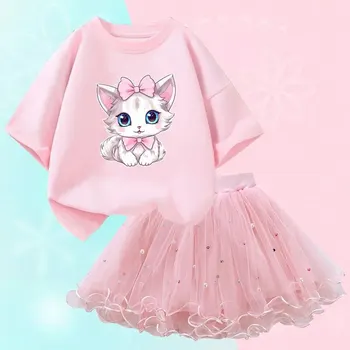 Cute Summer Girls Outfits Cartoon Cat T-shirt and Tutu Skirt 2pc/Set Girl Princess Clothes Suit Children Birthday Clothing 1