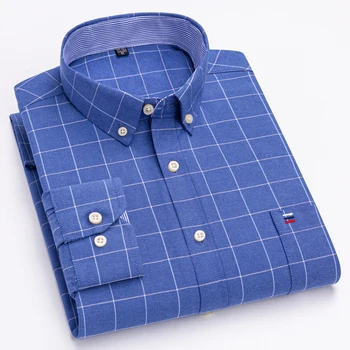 Camicia a maniche lunghe Oxford da uomo 100% cotone resistente alle rughe e traspirante, camicie abbottonate casual comfort a righe scozzesi solide 1