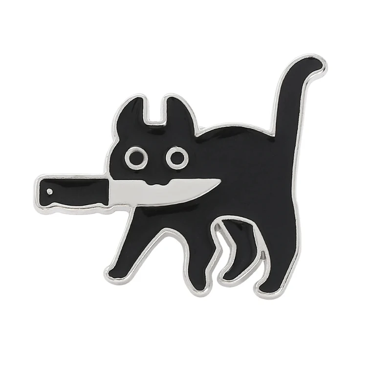 

Cartoon Cat with Knife Enamel Brooch Funny Killers Black Kitty Mew Mew Denim Lapel Pin Fashion Bag Badge Jewelry Gift for Friend