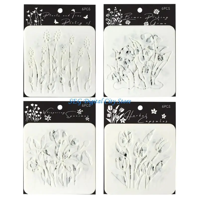 U75B 6 Pcs 드로잉 템플릿 PET 저널 스텐실 스크랩북 용 꽃 스텐실