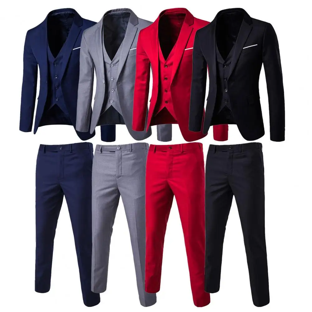 

1 Set Groom Suit Male Men Suit Turndown Collar Popular Pure Color Buttons Men Suit for Party