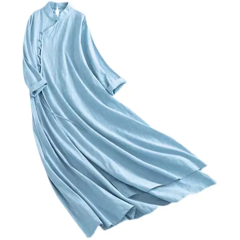 NYFS 2025 Primavera Autunno Nuove Donne Abiti Abiti Robe Elbise Allentato Plus Size Cotone Lino Doppio Strato Abito Lungo 5