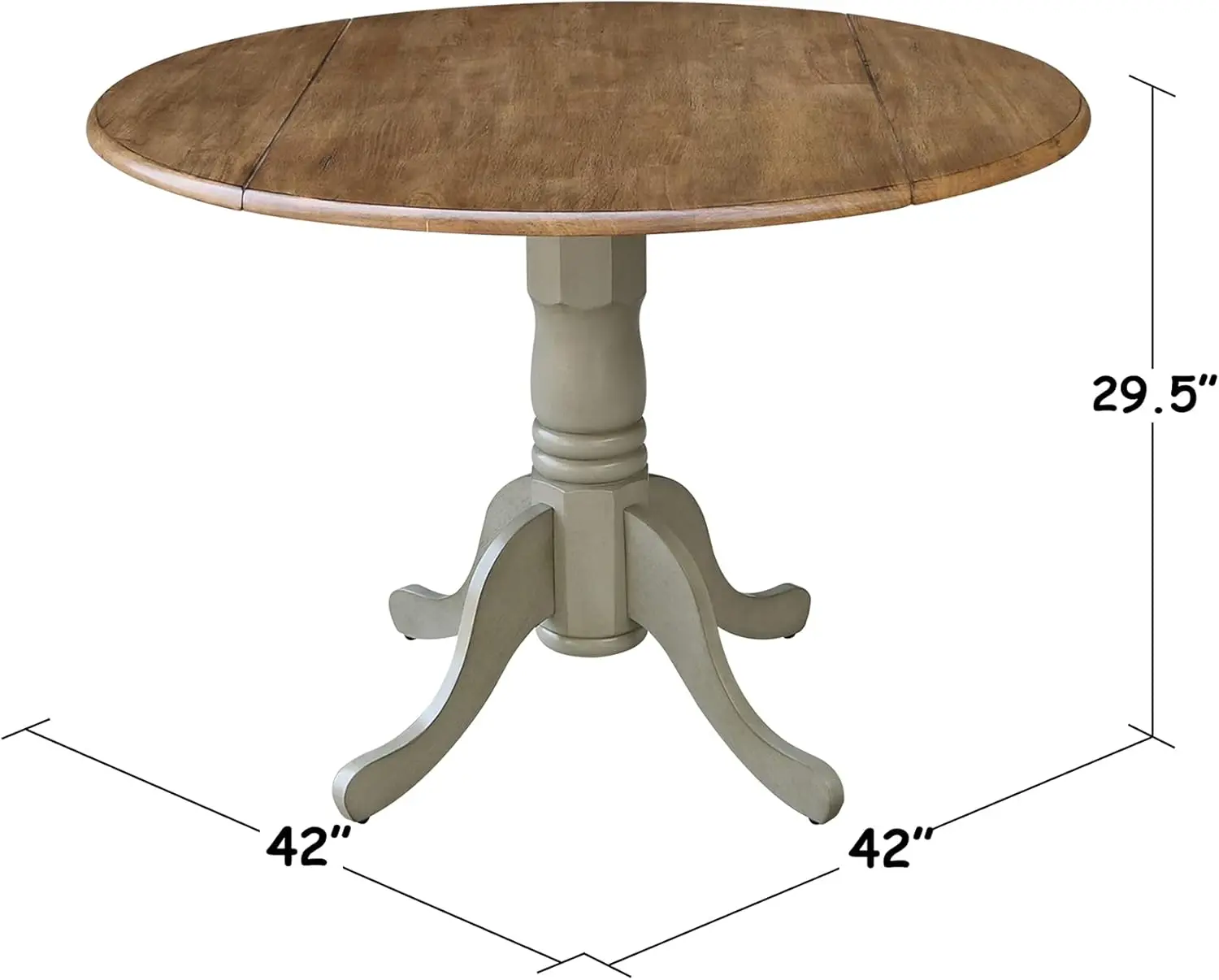 new-42" Round Dual Drop Leaf Pedestal Dining Table, Solid Real Wood, Sturdy Parawood, Distressed Hickory/Stone