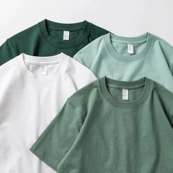 Men Women Green T-shirt 280g Cotton Short-sleeved Top Korean T-shirt Green Thick Cotton Half-sleeve Unisex T Shirt 1