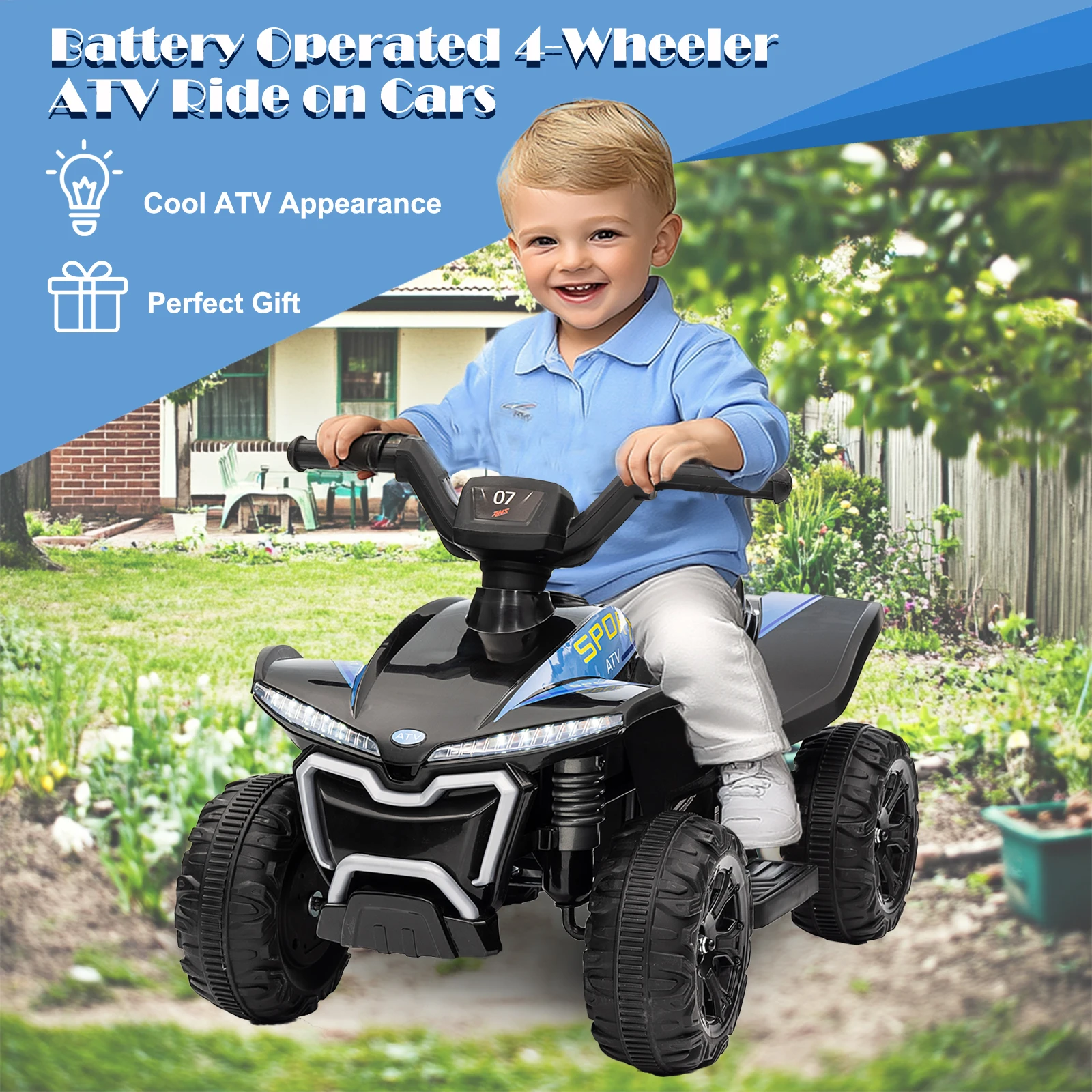 6V ATV Quad for Kids, Electric Ride on Toys for Toddlers w/MP3, LED Light, Spring Suspension, One-Button Start, Foot Accelerator