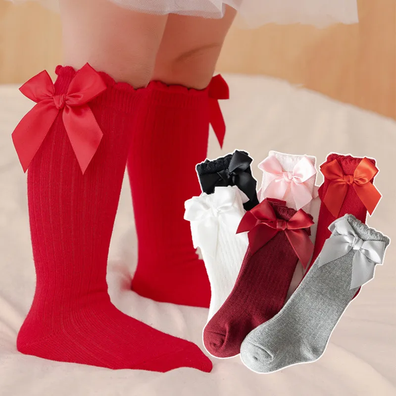 Baby Summer Clothing Kids Toddlers Girls Big Bow Knee High Long Soft Cotton Lace Baby Socks Bowknot Christmas Socks cotton socks kids socks baby socks girls socks