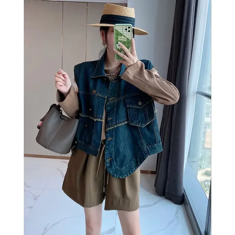 Denim Vest Waistcoat Sleeveless Cardigan Women's Jackets Spring Autumn Coats Vintage Tops Korean Fashion Brand Designer Clothing