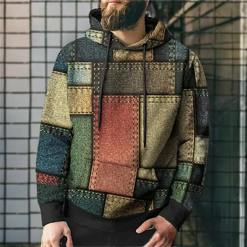 thumbnail image 1 of Sudaderas con capucha con patrón de cuadros para hombres, jerséis con estampado 3D de bloques de Color, Tops de calle Unisex, sudaderas sueltas, 1 of 5