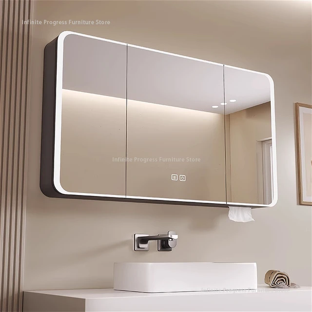 Arc-shaped Smart Bathroom Mirror Cabinet, Wall-mounted Bathroom Mirror Cabinet with Lighting, Smart Bathroom Mirror Cabinet