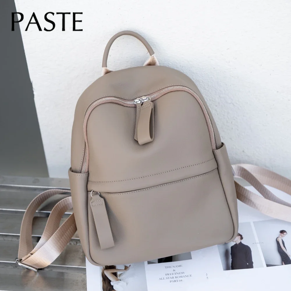 Classic Natural First Layer Cow Leather Women Backpack Grey High-end College Girl School Shoulder Bag Soft Back Cowskin Bagpack 2