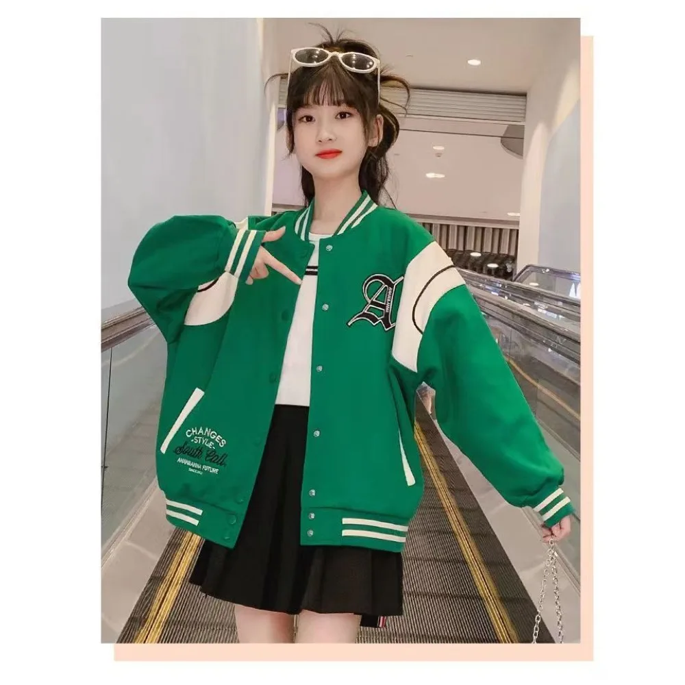 

New Girls Spring Autumn Single-breasted Alphabet Embroidery Sweat Varsity Jackets School Kids Track Coats Child Outfit Tops