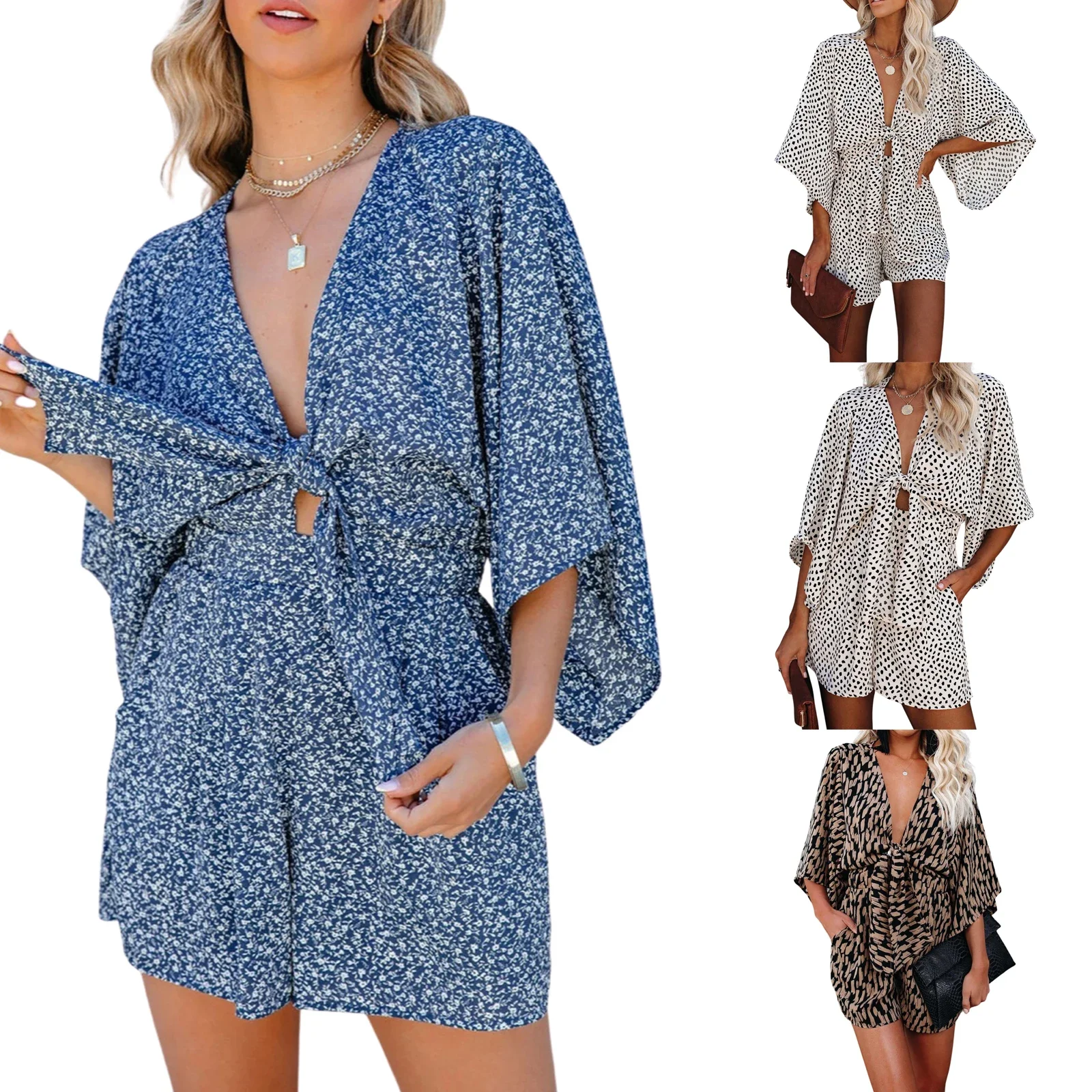 

Leopard Print Bowknot Wide Leg Romper Overalls 2023 Casual Loose Summer V Neck Playsuits Short Jumpsuits Pockets