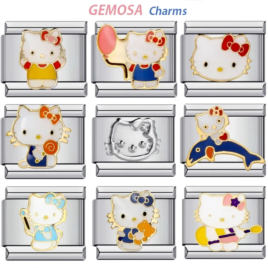 Y2k Colorful Italian Charm Links Bracelet  Cute Kawai Cat Hand Chain Cute Pendant Hello Kitty Kuromi hellokitty