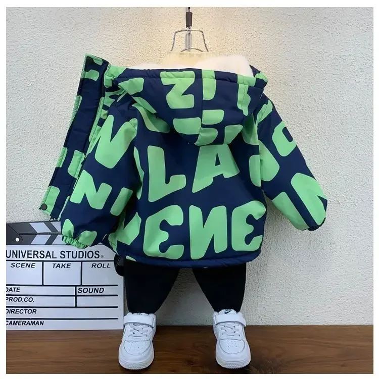 2-11Yrs Boys Velvet Zipper Coat Autumn Winter Fashion New Girl Thick Letter Printing Top Children's Fleece Jacket Parka