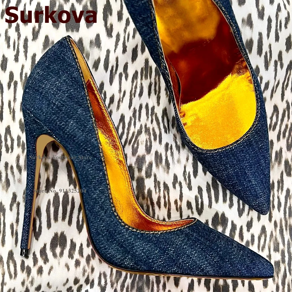 

Surkova Blue Denim Golden Lining Inside 12cm High Heel Shoes Pointed Toe Shallow Jeans Pumps 10cm 8cm Slip-on Dress Footwear