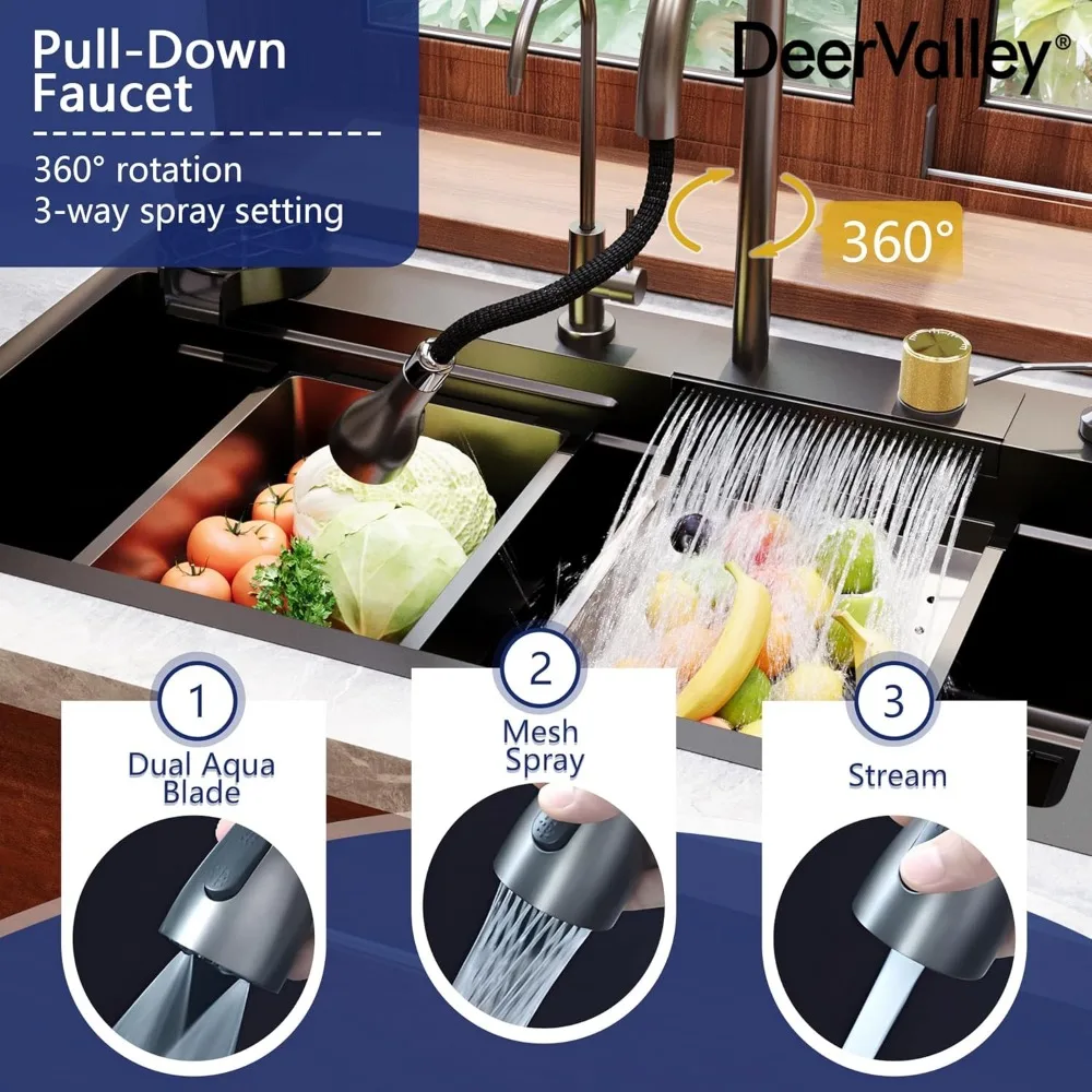 32 Inch , Stainless Steel Single Bowl Kitchen Sink w/Faucet Combo, Glass Rinser and Accessories, Black, 4
