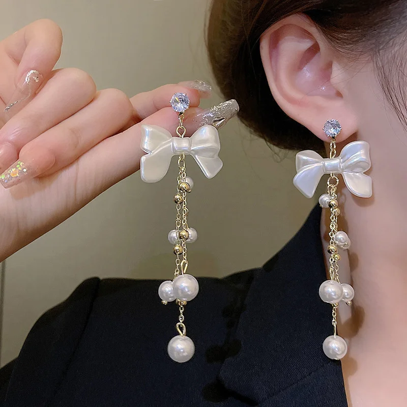 

1Pair Korean Style Long Imitation Pearl Tassel Dangle Earrings For Women Trendy Full Crystal Fringe Drop Earring Vintage Jewelry