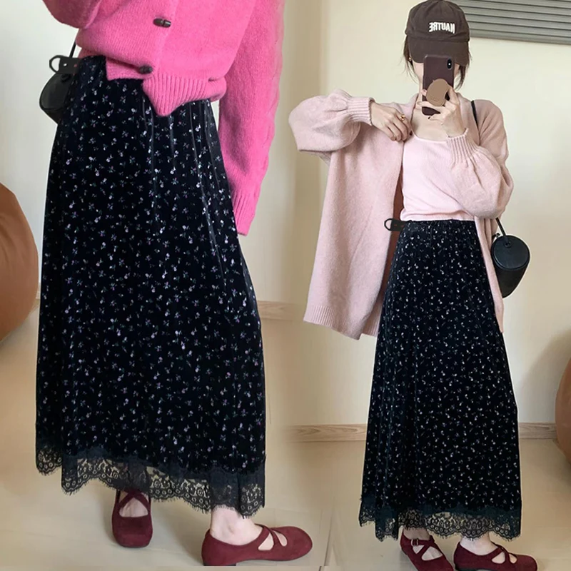 Good Quality Pregnant Woman Floral Skirts for Autumn Winter Korean Style Maternity Velour Belly Skirt Irregular Lace Patchwork