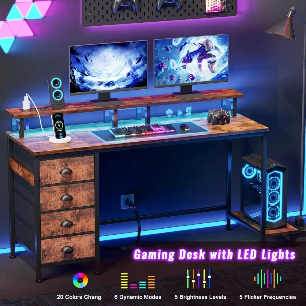 New2025-55 Inch Computer Desk Gaming with 4 Fabric Drawers with Power Outlets and LED Lights for Home Office with Full Monitor S