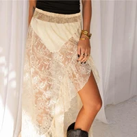 Women Asymmetrical Lace  Flowy Skirts Vintage Long Skirts High Waist Ruffle Midi Aesthetic Ladies See Through Elastic Skirts - Image 4