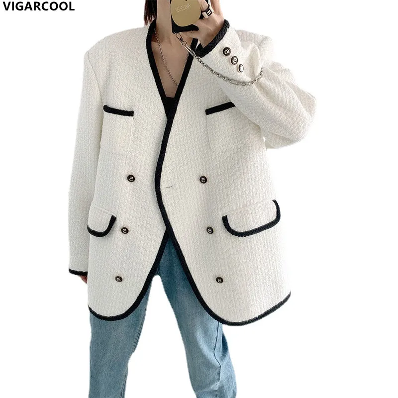 

Korean style Casual simple Jacket Autumn New French retro high-end Temperament white short small fragrance suit Jacket Female