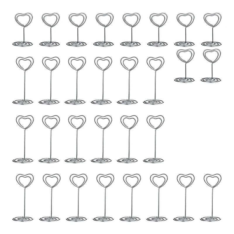 

30 Pcs Card Holder Heart Shape Table Picture Stand Wire Tabletop Photo Holder Menu Clips For Wedding Party Number,Silver