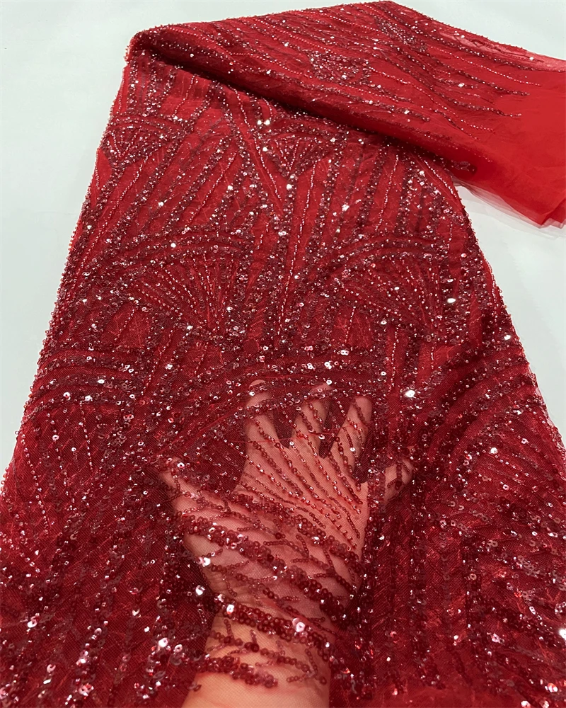 

2023 Luxury Lace Fabric 5 Yards Dubai Beaded Tulle Lace Fabric Embroidered Applique African Nigerian Fabric For Sewing