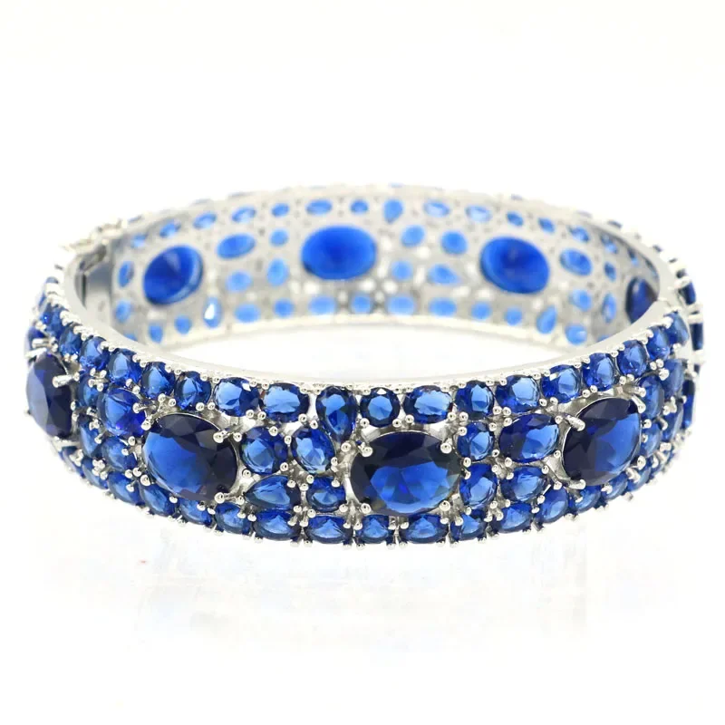 43g 925 SOLID STERLING SILVER Bangle Customized BRACELET Big Heavy Tanzanite London Blue Topaz Rhodolite Garnet  7.5inch