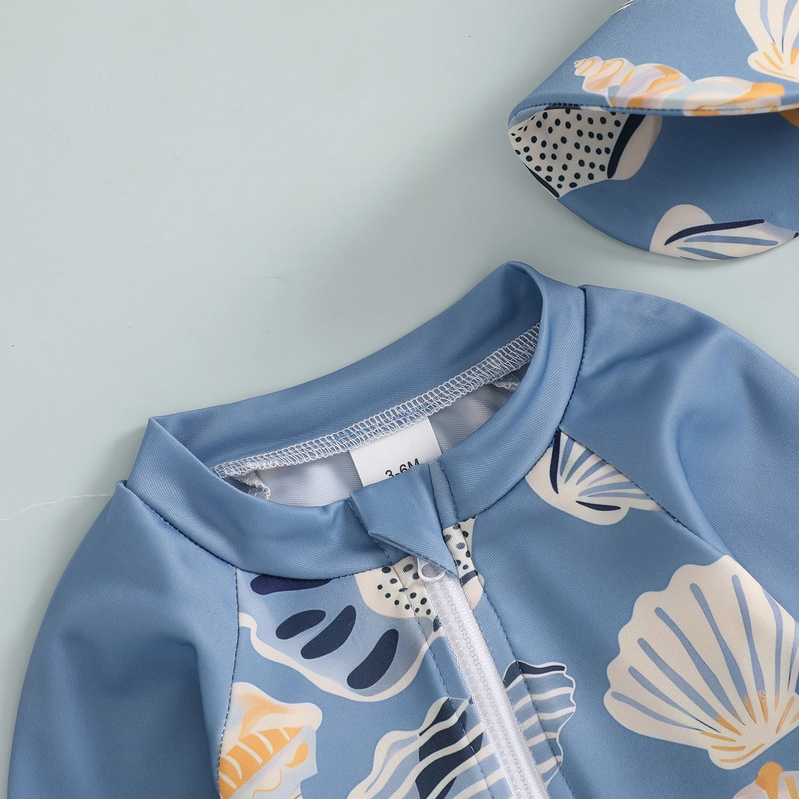 Infant Baby Boys Girls Rash Guard Children Cotton Seahorse Shell Pattern Zip Up Swimwear Toddler Long Sleeve Crew Neck Swimsuits