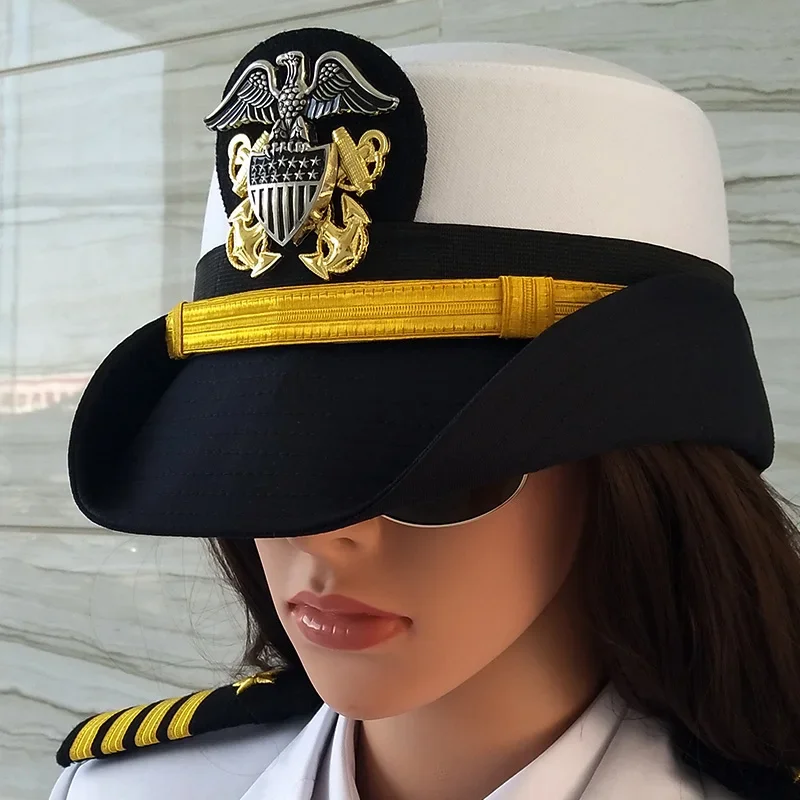 

US Navy Caps Female Yacht Hat Eagle Badge White Pilot Caps Military Marine Corps Sailor Captain Hats for Women