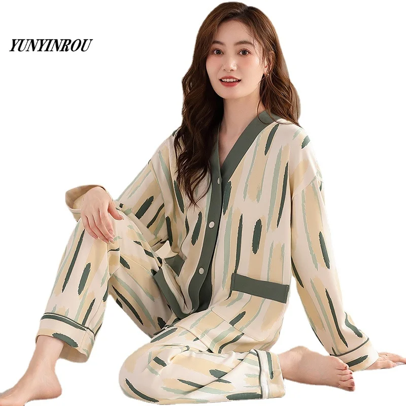 

Spring Autumn Kimono Style Elegant Women's Pajamas Sets Ladies Striped Sleepwear Homewear Femme Pijamas Mujer Pyjama Home Suits