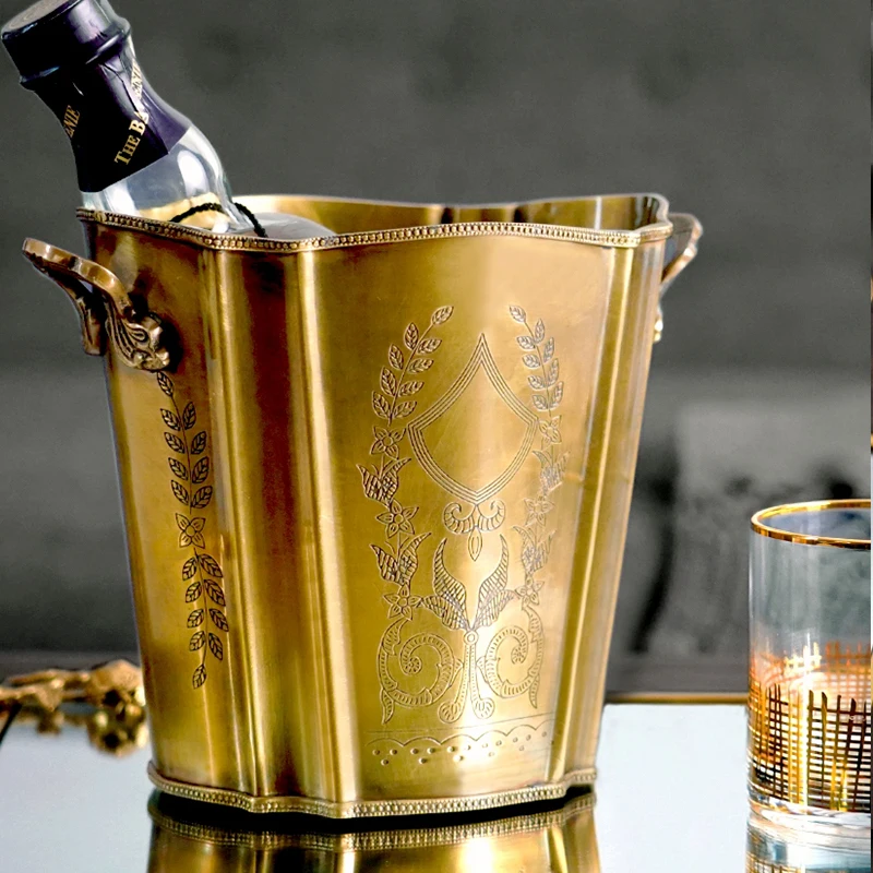 Hand Carved Brass Ice Wine Bucket Cooler Whiskey Wine Holder Retro Luxury Home Bar Barrel Copper Carving Whiskey Barrel