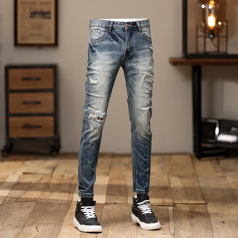 Street Fashion Men jeans High Quality Retro Blue Stretch Slim Fit Ripped Jeans Men Patched Designer Vintage Denim Pants Hombre