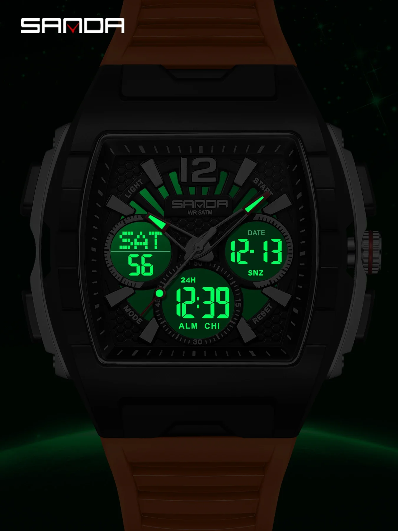 SANDA New Dual Display Watch for Men Sport 5Bar Waterproof LED Luminous Analog Digital Alarm Clock Electronic Quartz Men Watch - 5