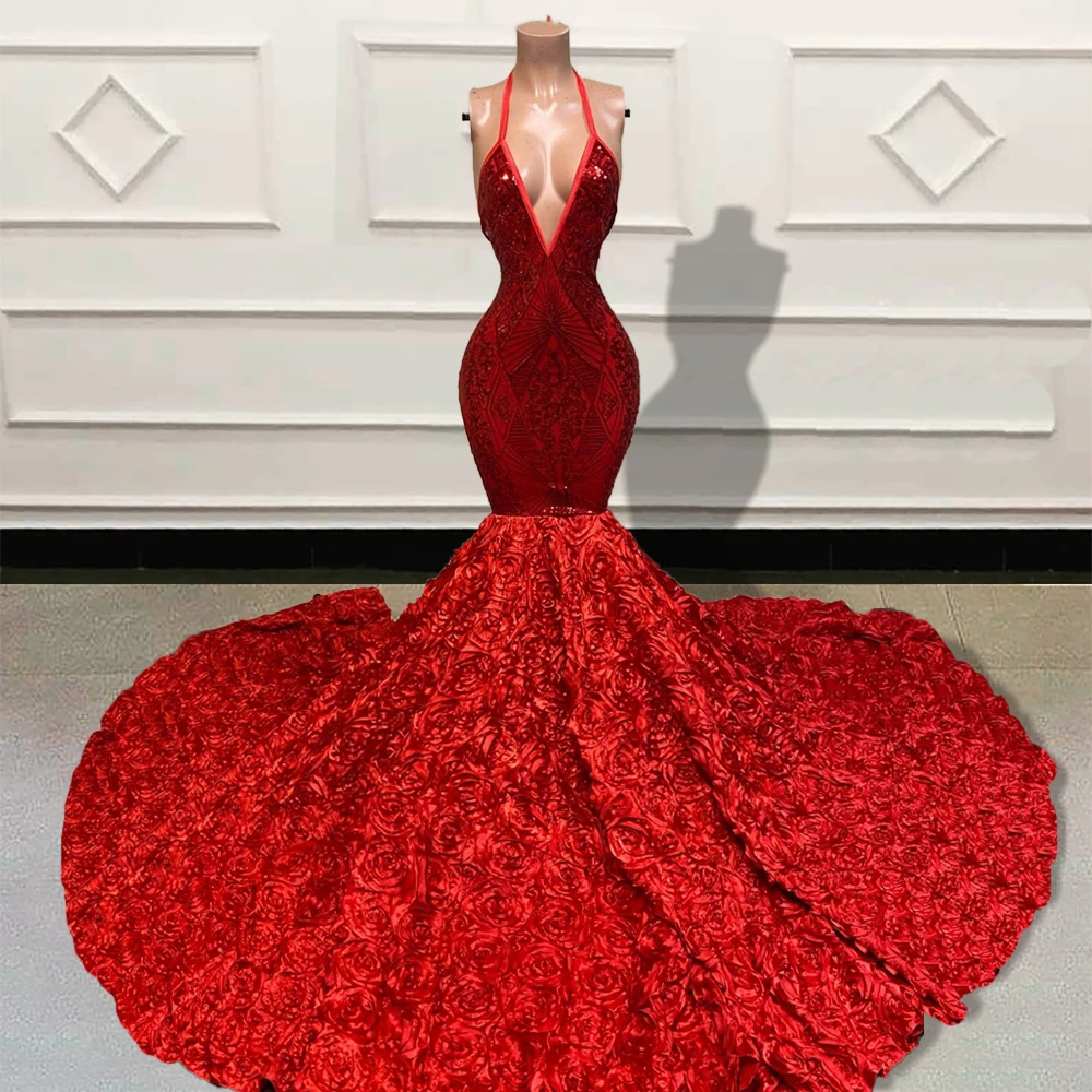 

Luxury Black Girls Red Mermaid Long Prom Dresses for Graduation Party 2023 Sparkly Sequin V Neck 3D Flowers Train Evening Gowns