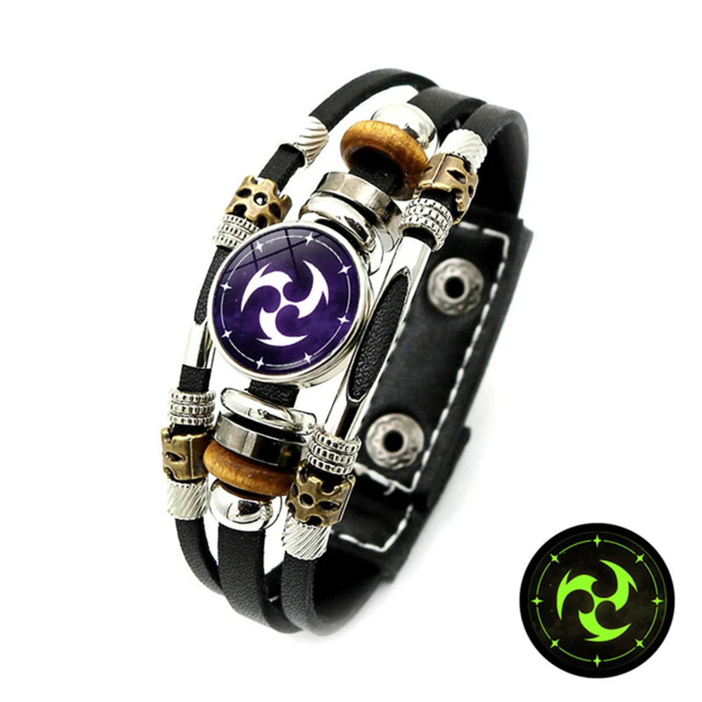 Leather Bracelet Luminous Genshin Impact Game Cosplay Props Eye of God 7 Element Snap Button Wristband For Men Women