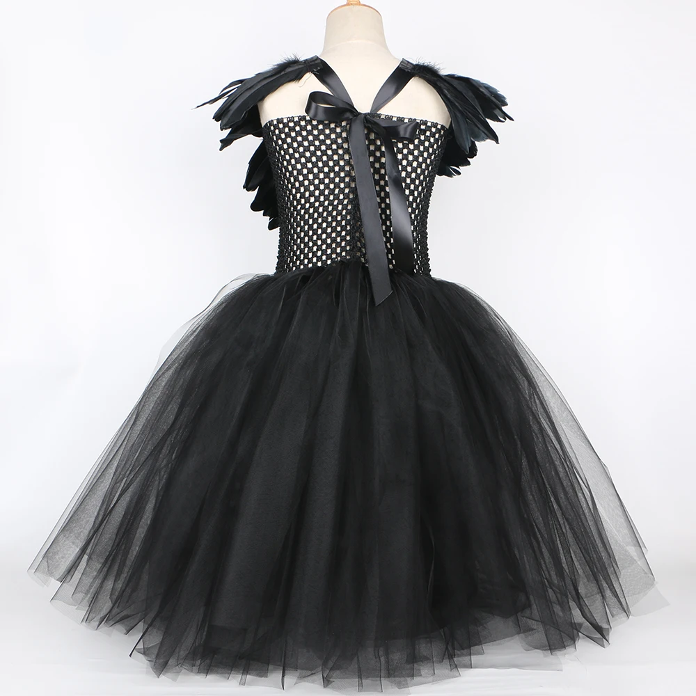 Black Girls Evil Queen Tutu Dress Devil Witch Cosplay Halloween Costume for Kids Fancy Carnival Clothes with Horns Feathers Wing