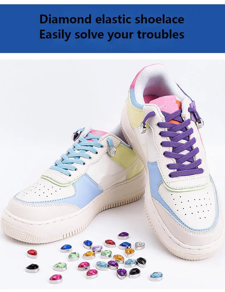 Diamant bunte elastische Schnürsenkel Sneakers flache Schnürsenkel für Schuhe Strass Schnürsenkel ohne Krawatten keine Krawatte Schnürsenkel Kinder Erwachsene – Detail 3