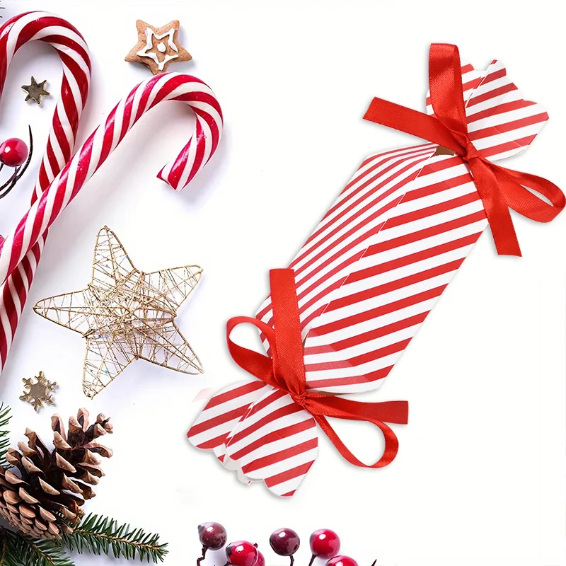 Description Picture 3 of item10/50pcs Christmas Red Candy Box with Ribbons Chocolate Cookies Packaging Bag DIY Xmas Tree Ornaments Decoration Wedding Party
