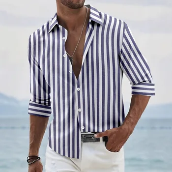 La nuova camicia da uomo autunno e inverno presenta strisce larghe e contrastanti, un cardigan a maniche lunghe lussuoso e di alta qualità 1