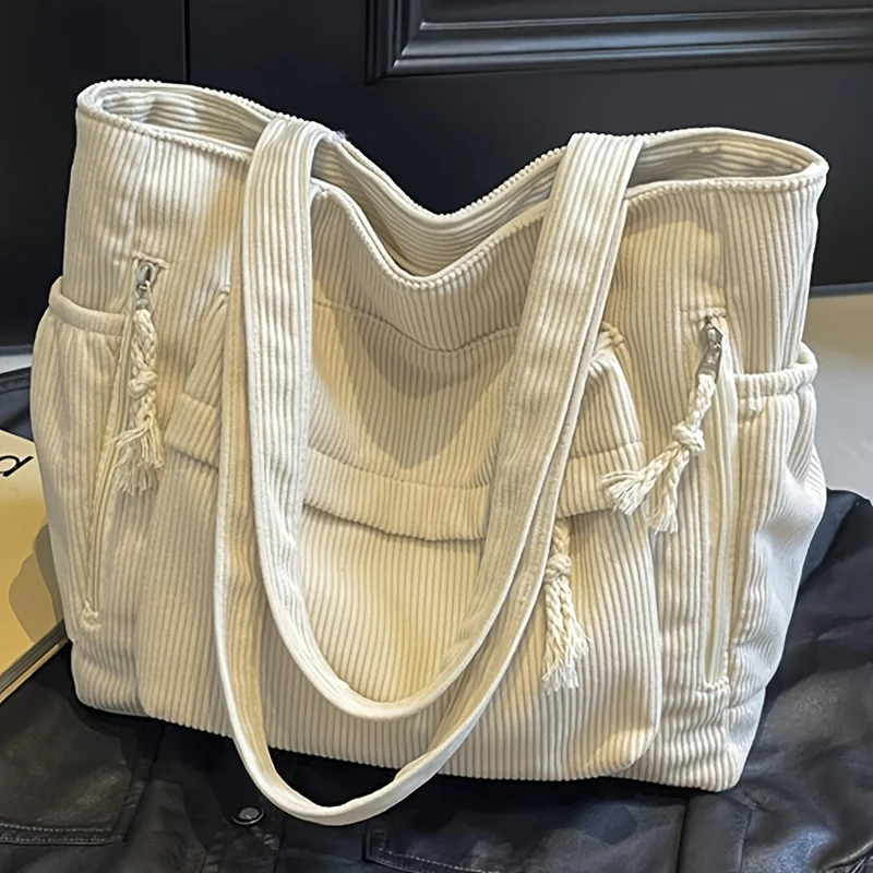 Women'S Large Capacity Corduroy Tote Bag  Heavy-Duty Multi-Compartment Handbag Shoulder Bag with Fixed Strap & Zipper Closure