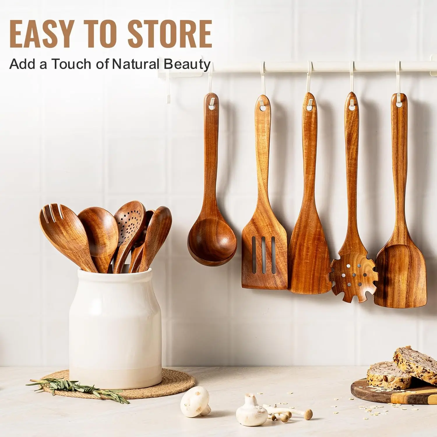 10-Piece Natural Teak Wooden Kitchen Utensil Set, Durable Non-Stick Cooking Spoons with Comfort Grip and Smooth Finish 6