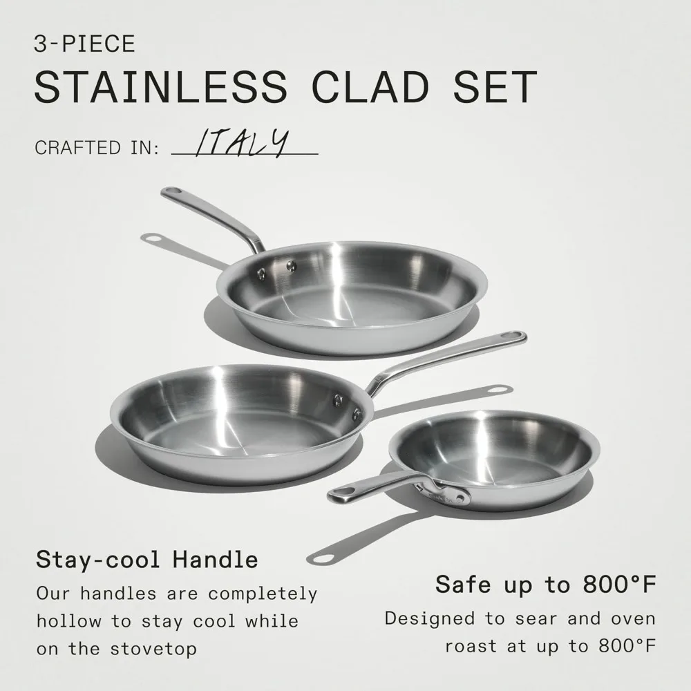Cookware - 3-Piece (Includes 8",10",12") Stainless Frying Pan Set - 5 Ply Stainless Clad