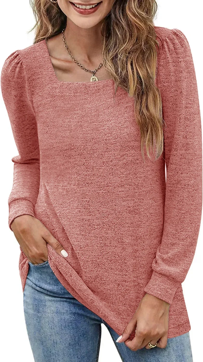 

2023, fall, winter, the new best t-shirt, Plain Square Neck, pleated, long-sleeved, ladies casual base gray22